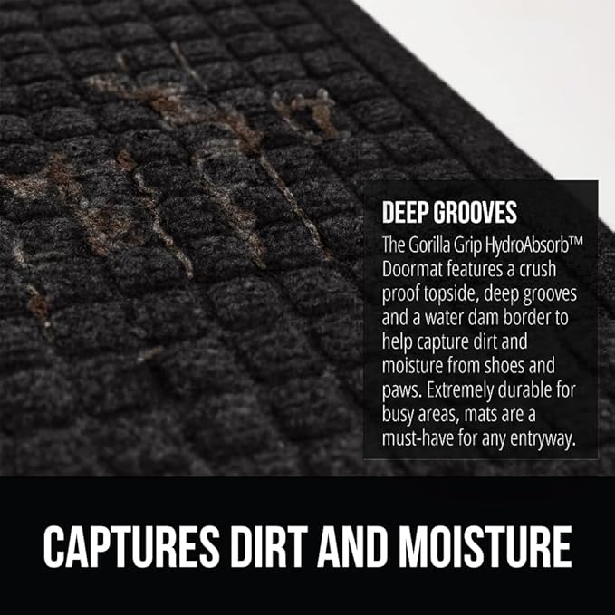 GORILLA GRIP® Ultra Absorbent Front Door Mat Outside Entrance, Traps Dirt and Moisture, HydroABSORB Indoor Outdoor Doormat Holds 1.7 Cups Water, Stain and Fade Resistant Welcome Mat 2 Pack 29x17 Black