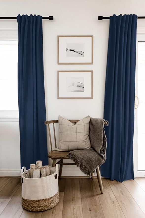 100% Blackout Shield Linen Blackout Curtains for Bedroom 108 Inches Long, Back Tab/Rod Pocket Living Room Drapes, Thermal Insulated Blackout Curtains 2 Panels Set, 50" W x 108" L, Midnight Blue