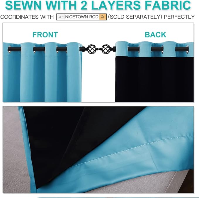 NICETOWN 100% Blackout Curtains with Black Liners, Thermal Insulated Full Blackout 2-Layer Lined Drapes, Energy Efficiency Window Draperies for Boy's Room (Teal Blue, 2 Panels, 52-inch W by 54-inch L)
