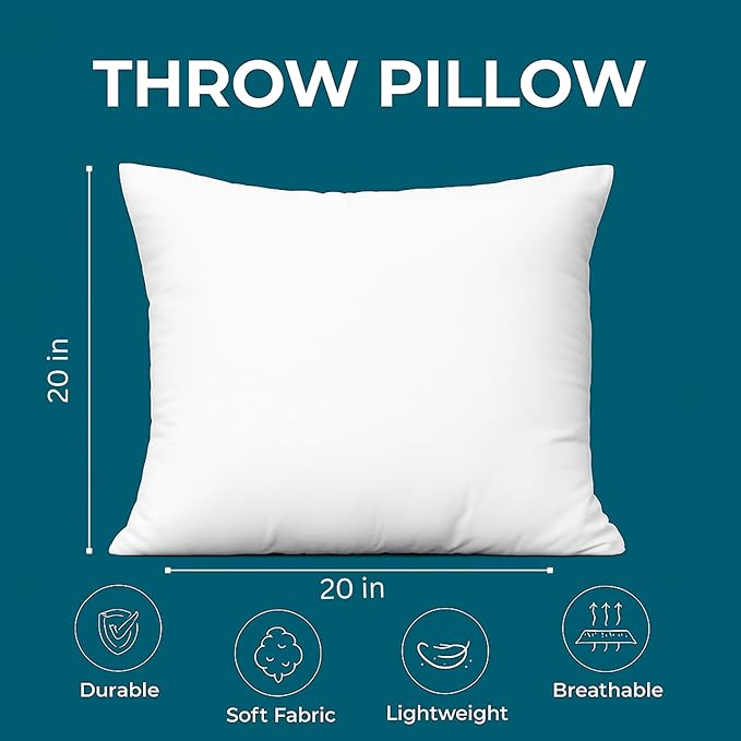 LANE LINEN 20x20 Pillow Inserts - Set of 2 Lightweight Down Alternative Square Pillows, White Throw Pillows for Bed, Decorative Pillows for Couch Bed, Firm Pillows for Living Room