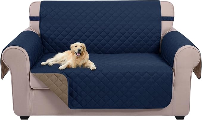 U-NICE HOME Loveseat Sofa Cover Reversible Couch Covers for 2 Cushion Couch for Dogs Furniture Protector Cover with Elastic Straps Water Resistant(Loveseat Small, Navy/Taupe)
