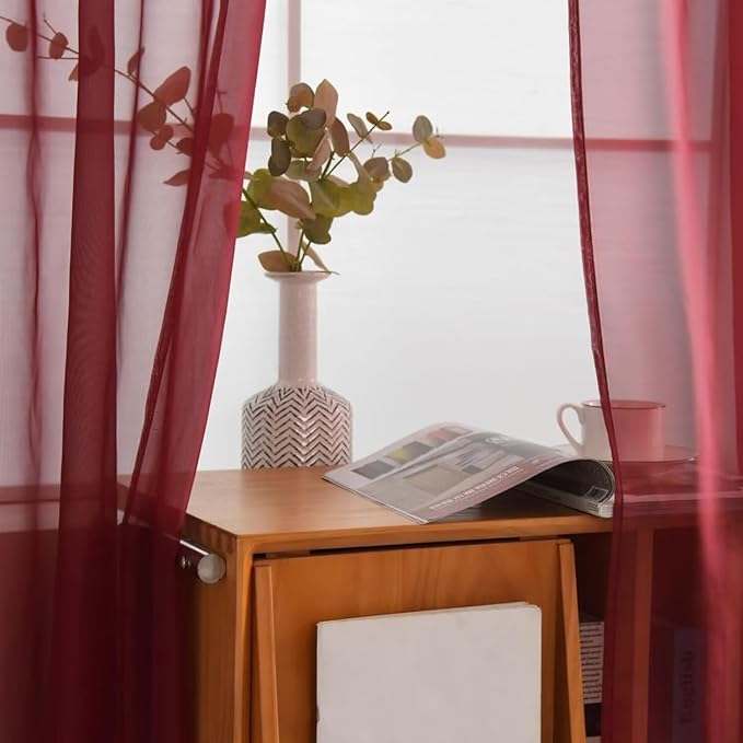 SpaceDresser Basic Rod Pocket Sheer Voile Window Curtain Panels Wine Red 1 Pair 2 Panels 52 Width 36 Inch Long for Kitchen Bedroom Children Living Room Yard（Wine Red, 52W x 36L）