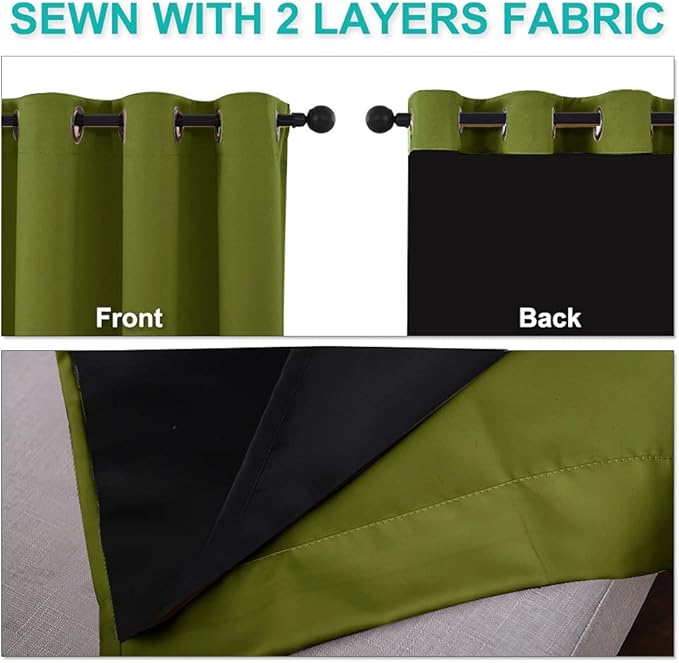 NICETOWN 100% Blackout Curtain Set, Thermal Insulated & Energy Efficiency Window Draperies for Guest Room, Full Shading Panels for Shift Worker and Light Sleepers, Olive Green, 52W x 84L, 2 PCs