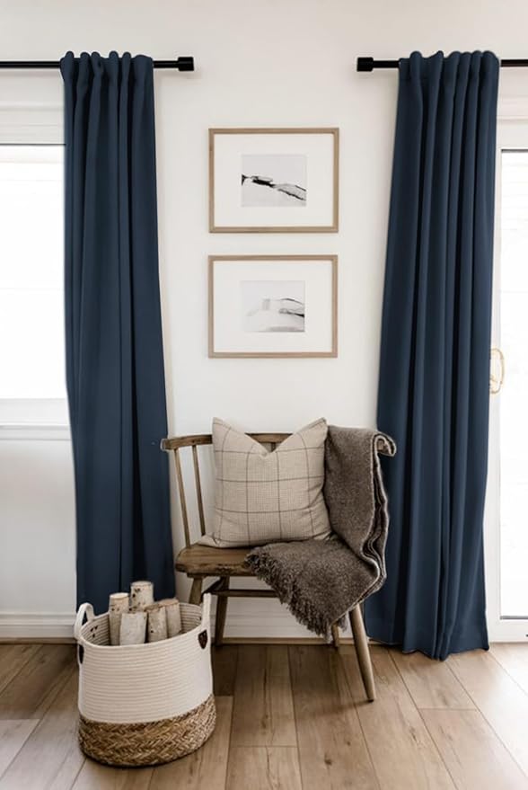100% Blackout Shield Linen Blackout Curtains for Bedroom 108 Inches Long, Back Tab/Rod Pocket Living Room Drapes, Thermal Insulated Blackout Curtains 2 Panels Set, 50" W x 108" L, Navy