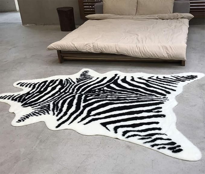 Zebra Print Rug Faux Animal Cowhide Skin Area Rug Leather Carpet Mat Large Size for Home Office Livingroom 5.2'x3.9'