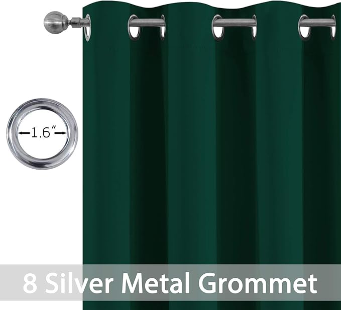 Yakamok Dark Green Blackout Curtains for Bedroom, Room Darkening Thermal Insulated Grommet Window Curtains, Light Blocking Blackout Drapes for Living Room,52Wx84L inch,2 Panels