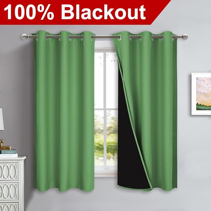 NICETOWN 100% Blackout Curtains 54 inches Long, Forest Green, 1 Pair, 42 inches Width Each Panel, Double-Deck Completely Blackout Window Treatment Thermal Insulated Lined Drapes for Small Window
