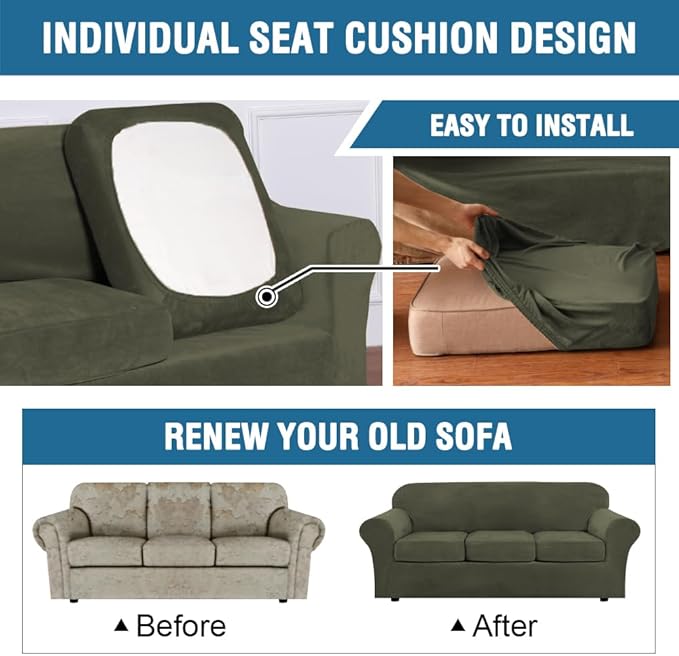 H.VERSAILTEX Real Velvet Plush 3 Piece Stretch Sofa Covers Couch Covers for 2 Cushion Couch Loveseat Covers Width Up to 72 Inch Feature Thick Soft Stay in Place (Medium Sofa, Olive)