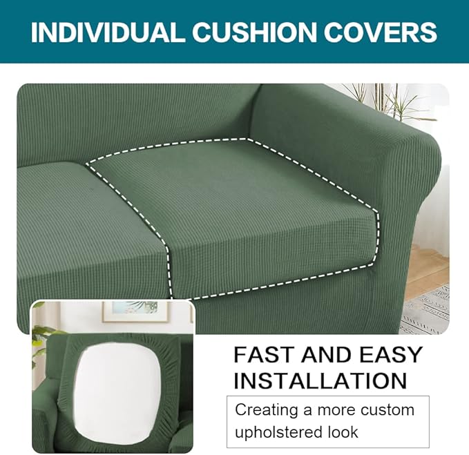 Turquoize 4 Piece Sofa Covers for 3 Cushion Couch Sofa Slipcover Soft Couch Cover for Dogs-Washable Sofa Furniture Covers with 3 Individual Large Cushion Covers, Feature Fabric (XL Sofa, Loden Frost)