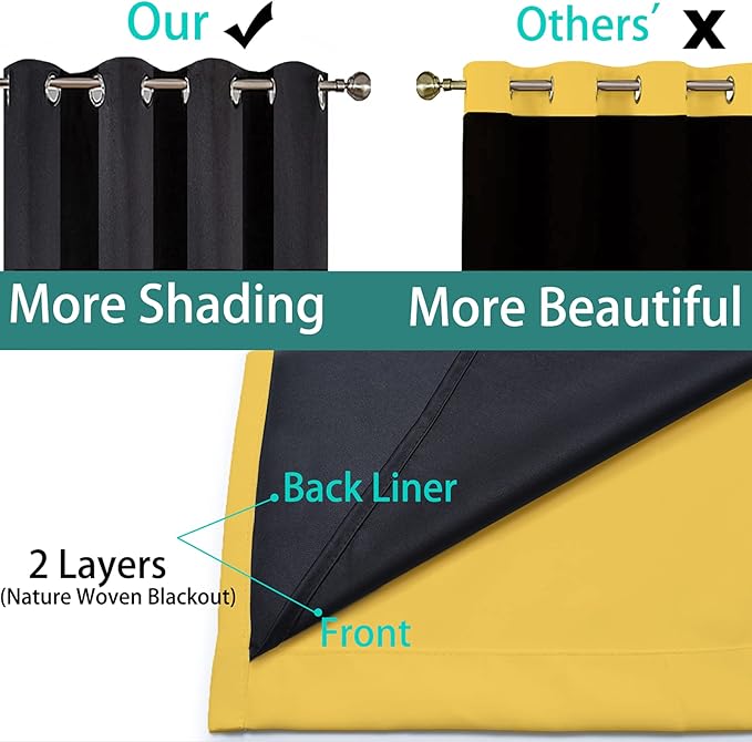 Yakamok Thermal Insulated Full Blackout Curtains 72 Inches Long, Double Layer Full Room Darkening Noise Reducing Grommet Curtains for Bedroom(Mustard Yellow, 2 Panels)