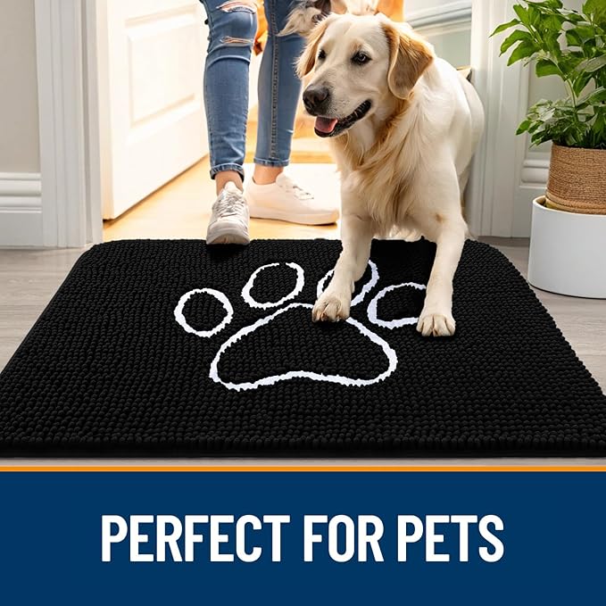 OLANLY Dog Door Mat for Muddy Paws 54x24, Paw Print Design, Absorbs Moisture and Dirt, Absorbent Non-Slip Washable Doormat, Quick Dry Chenille Mud Mat for Dogs, Entry Indoor Entryway Carpet, Black