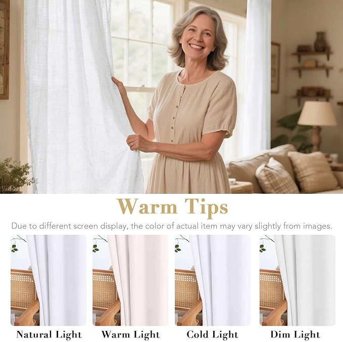 H.VERSAILTEX Elegant Natural Linen Semi Sheer Blended Energy Efficient Light Filtering Linen Textured Curtains/Nickel Grommet Window Treatments Panels/Drapes (Set of 2, Heathered White, 52" x 45")