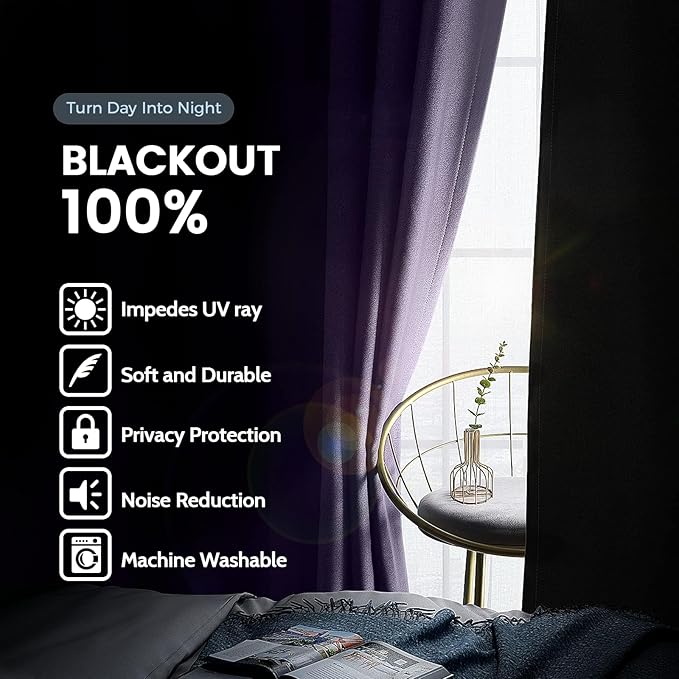SimpleHome 100% Blackout Curtains for Bedroom,Thermal Insulated Lilac Grommet Window Drapes Room Darkening Curtains for Living Room with Black Back,42 x 54 Inch,2 Panels