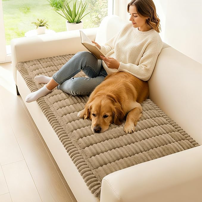 hyha Couch Covers for Dogs Washable, Non Slip Plush Dog Sofa Protectors, Fuzzy Pet Couch Covers for 3 Cushion Sofa Pet Friendly (Khaki, 27.6" x 59")