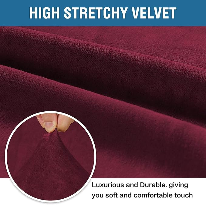 H.VERSAILTEX Stretch Velvet Loveseat Covers for 2 Cushion Couch Covers for Living Room Sofa Covers Slipcovers with Non Slip Straps Bottom, Ultra Thick Comfy Velour (Width 58"-72", Burgundy)