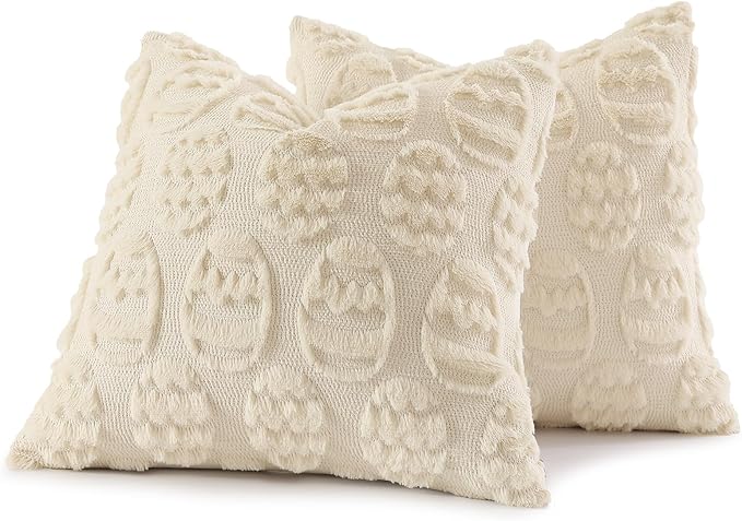 decorUhome Easter Beige Egg Pillow Covers 18x18 Inch Set of 2, Soft Plush Faux Wool Jacquard Cushion Covers, Farmhouse Neutral Fuzzy Spring Easter Holiday Decor for Couch Sofa Bed