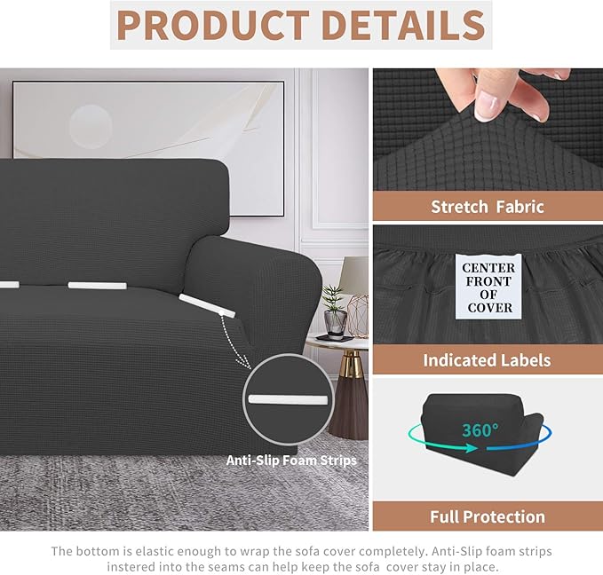 Easy-Going 100% Waterproof Oversized Loveseat Couch Cover, Dual Waterproof Sofa Cover, Stretch Jacquard Sofa Slipcover, Leakproof Furniture Protector for Kids, Pets, Dog and Cat, Dark Gray