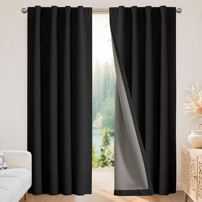 Joydeco Blackout Curtains for Bedroom - 100% Light Blocking 2 Panels Set Black Drapes 37" W x 72" L, Thermal Insulated Room Darkening Curtains, Linen Textured for Living Room, Rod Pocket & Back Tabs
