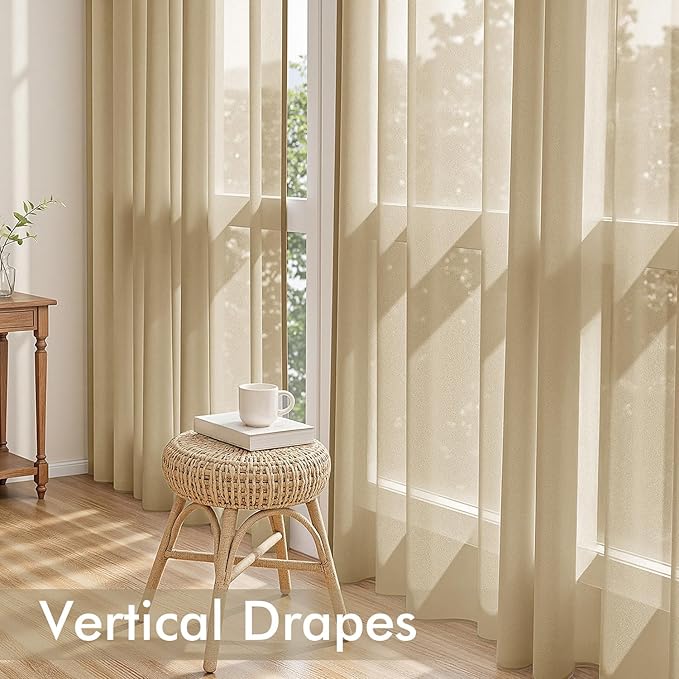 MIULEE Beige Sheer Curtains 90 Inches Long, 4 Panels Set, Rod Pocket Voile Drapes Light Filtering and Semi Transparent, Elegant Window Treatments for Bedroom Living Room,42 x 90 Inches