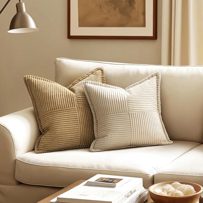 MIULEE Decorative Lumbar Throw Pillow Covers for Couch Bed Livingroom 14x24 Inch Set of 2 Beige Boho Accent Throw Pllows Broadside Striped Patchwork Soft Corduroy Pillowcases