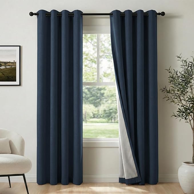 100% Blackout Shield Linen Blackout Curtains for Bedroom, Navy Blue Grommet Curtains for Living Room, Thermal Insulated Room Darkening Drapes for Nursery, Boho Home Decor, 50" W x 96" L, 2 Panels