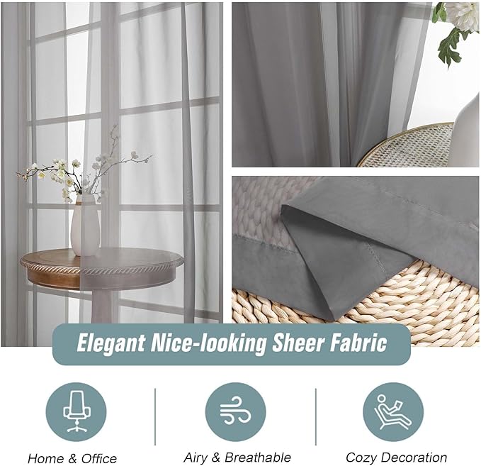 Grey Sheer Curtains 63 Inch Length 2 Panels, Voile Sheer Curtain for Living Room, Breathable Light Filtering Modern Window Treatments, Soft Fabric Dual Rod Pocket Drapes, 2x42Wx63L Inches