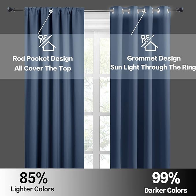 RYB HOME Short Blackout Curtains for Bedroom, Room Darkening Insulated Summer Heat Light UV Blocking Energy Saving Drapes for Nursery, Width 34 by Length 48, Stone Blue, Set of 2