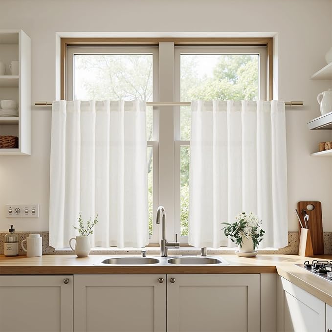 Beige White Linen Curtains for Kitchen Windows Over Sink Neutral 30 Inch Length Back Tab and Rod Pocket Light Filtering Semi Sheer Cafe Curtain for Bathroom RV Small Window 36 x 30 Inch,2 Panels