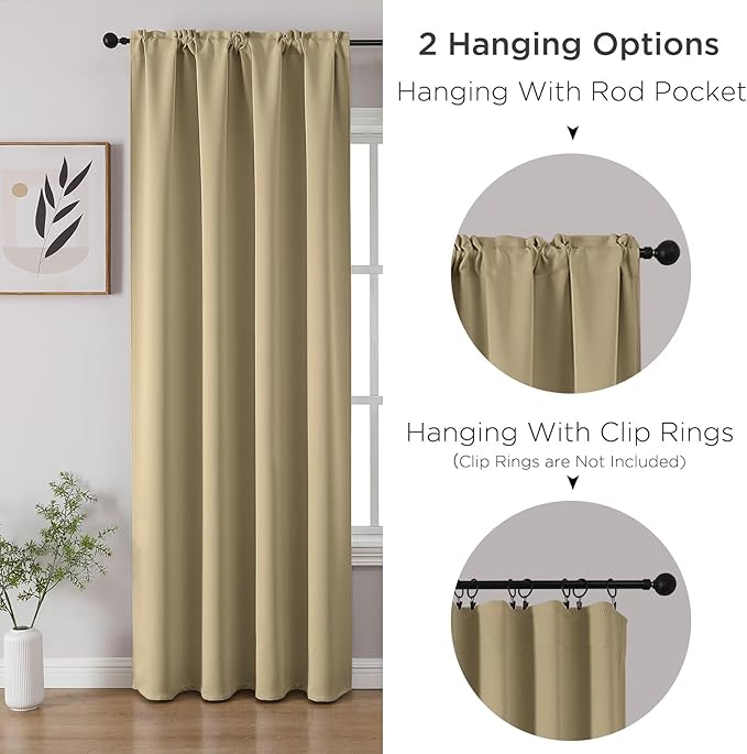 CUCRAF Beige Blackout Curtains 63 inch Length 2 Panels Set, Rod Pocket Room Darkening Drapes for Bedroom Living Room, Insulated Thermal Light Blocking Window Curtain (W52 x L63 Inch)