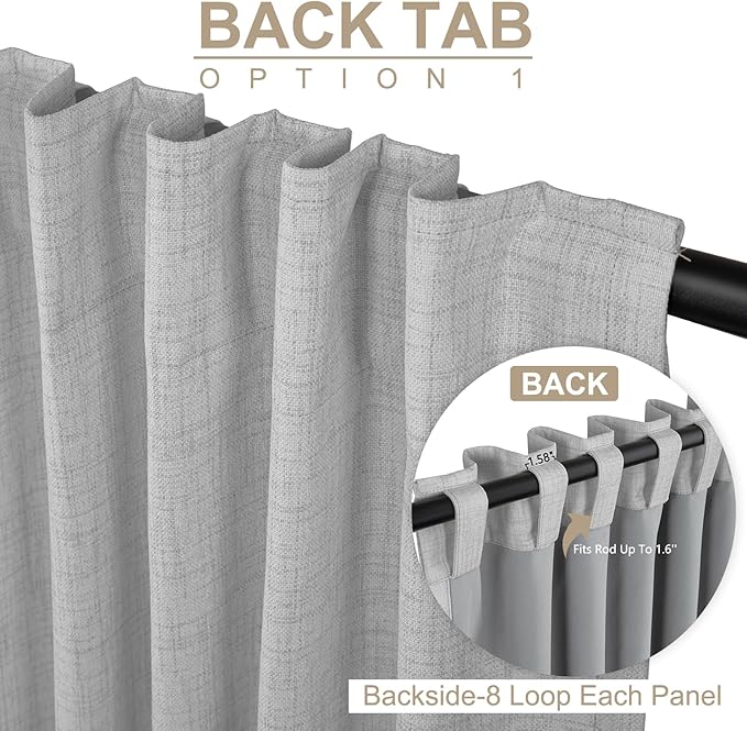 100% Blackout Shield Linen Blackout Curtains for Bedroom 90 Inches Long, Back Tab/Rod Pocket Living Room Drapes, Thermal Insulated Blackout Curtains 2 Panels Set, 50" W x 90" L, Grey