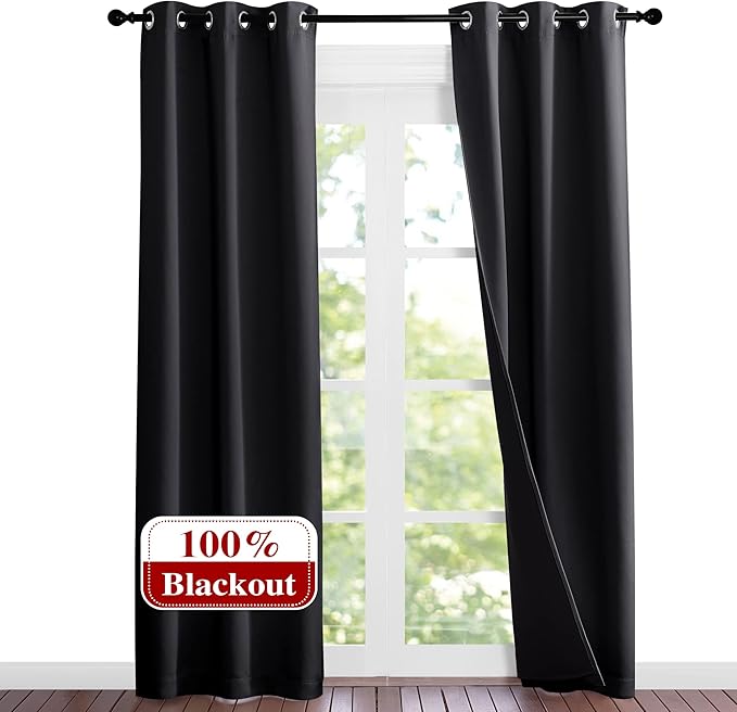 NICETOWN High-End Thermal Kitchen Curtains, Black, 37" Wide Per Panel, Set of 2 Panels, Full Blackout Curtains 80 Inches Long for Dining Room, Soundproof Window Treatment Drapes for Hall Room