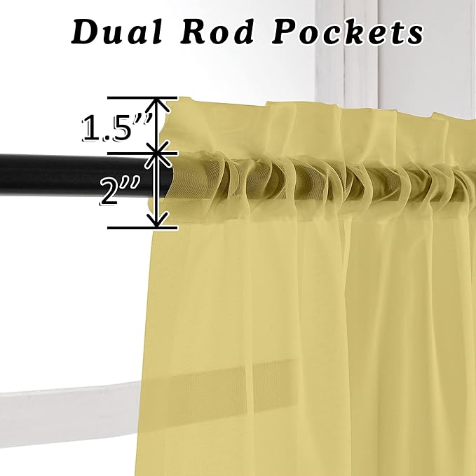 OVZME Mustard Yellow Sheer Curtains 108 Inches Long, Light Filtering Airy Transparent Lightweight Voile Rod Pocket Window Curtains for Bedroom, Living Room, W42 x L108, Set of 2 Drape Panels
