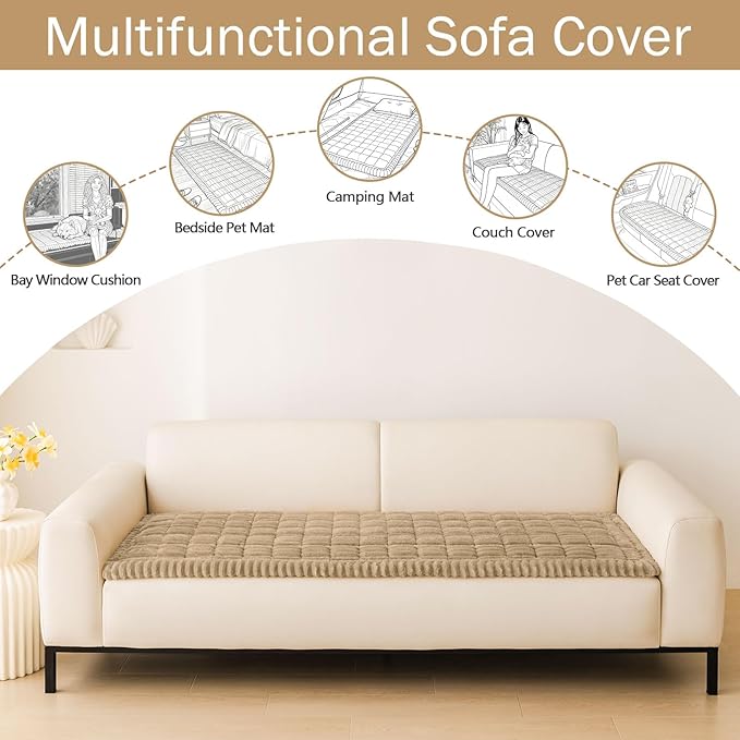 hyha Couch Covers for Dogs Washable, Non Slip Plush Dog Sofa Protectors, Fuzzy Pet Couch Covers for 3 Cushion Sofa Pet Friendly (Khaki, 27.6" x 59")