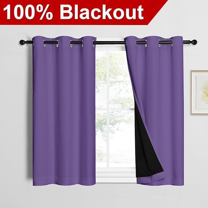 NICETOWN Lilac Purple 100% Blackout Curtains 45 inches Long, Thermal Insulated Full Blackout 2-Layer Lined Curtains, Energy Efficiency Window Draperies for Dining Room (2 Panels, 42-inch W)