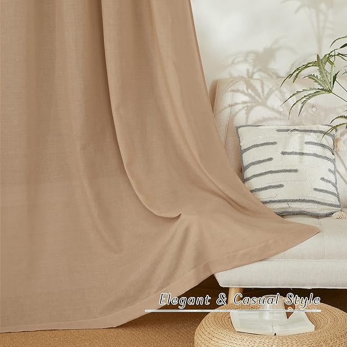 NICETOWN Linen Flax Semi Sheer Curtains 92" Length, Grommet Window Treatments Privacy Added with Light Penetration Vertical Drapes for Loft/Home Office, Camel, W55 x L92, 2 Panels