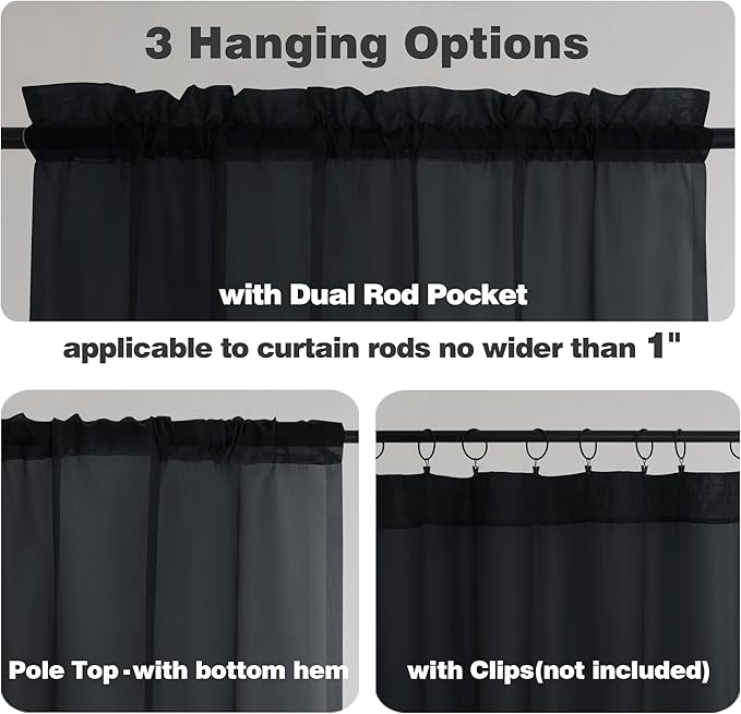 Chyhomenyc Black Sheer Window Curtain Panels 63 Inches Length, 2 Pieces, Voile Top Dual Rod Pockets Light Filtering Airy Trendy Drapes Window Treatment for Living Room/Bedroom, 42Wx63L