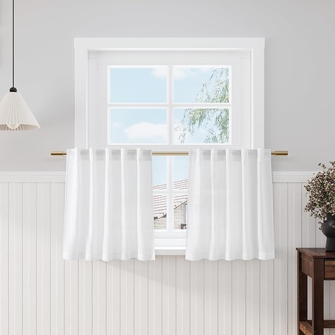 Nanspring 24 Inch White Linen Curtains for Kitchen Windows Over Sink - Cafe Semi Sheer Curtains Back Tab and Rod Pocket Modern Farmhouse Curtain for Bathroom 34 x 24 Inch,2 Panels