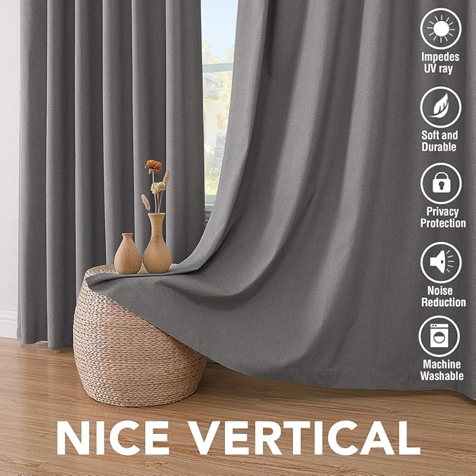 H.VERSAILTEX Primitive Linen Curtains 100% Blackout Curtain Drapes Burlap Fabric Curtains with White Thermal Insulated Liner, Grommet Top Drapes Living Room/Bedroom (2 Panels, 42 x 63 Inch, Grey)