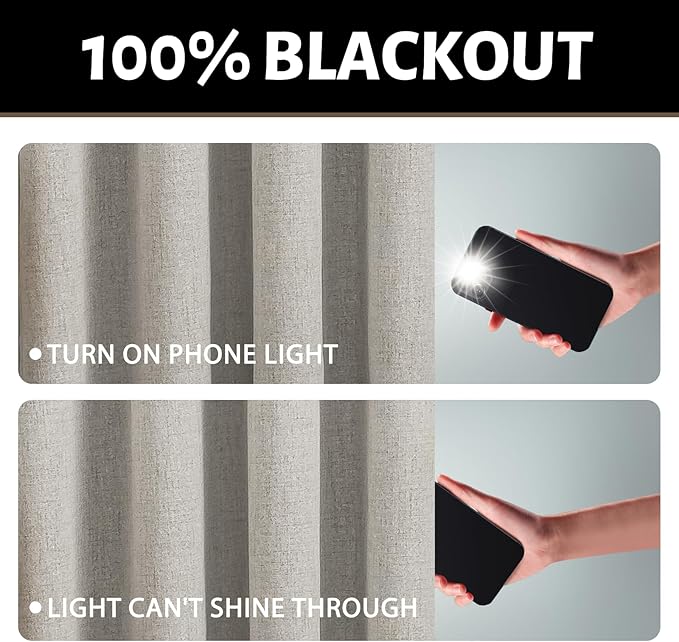 Yakamok Oatmeal Linen Curtains 100% Blackout 84 Inches Long,Room Darkening Textured Curtains for Living Room Thermal Grommet Bedroom Curtains 2 Panels with White Liner