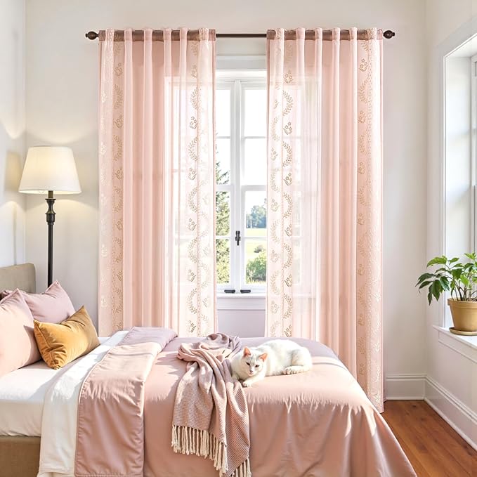 jinchan Belrose Pink Floral Sheer Curtains for Bedroom 63 Inch Long Voile Embroidered Farmhouse Curtains for Living Room Ivory Flower Patterned Rod Pocket Window Treatments, 2 Panels Pink