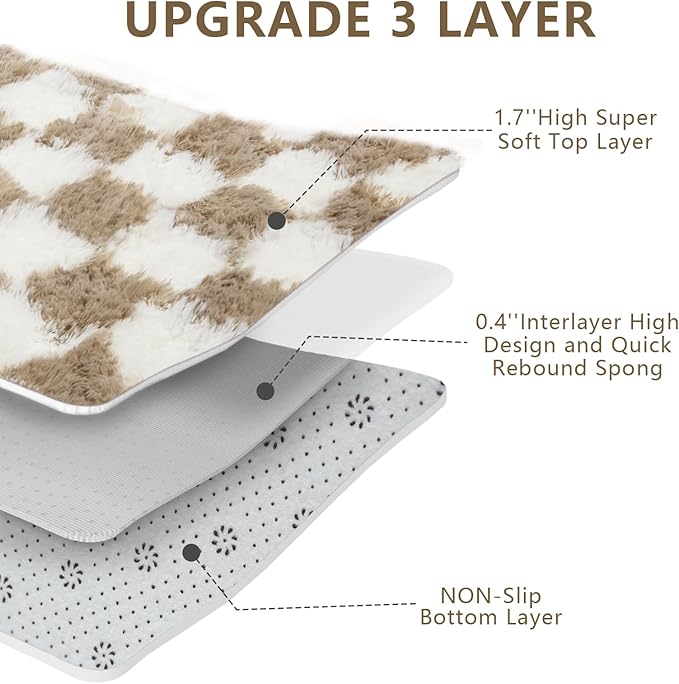 Large Shag Area Rug for Bedroom, 9x12 Ft Beige and White Area Rug Classic Checkered Shaggy Anti-Skid High Pile Soft Fluffy Rug Fuzzy Carpet for Living Room Bedroom Kids Room Nursery, Dorm Home Decor