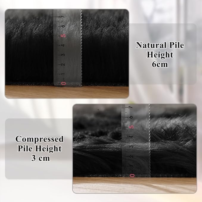 ORINOVA Black Washable Fluffy Area Rugs for Bedroom Shaggy Faux Sheepskin Fuzzy Fur Carpet for Living Room Hallway Nursery Rugs Runner 2x6