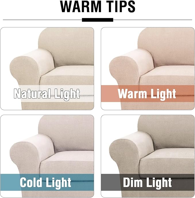 H.VERSAILTEX 3 Piece Stretch Sofa Covers for 2 Cushion Loveseat Couch Covers for Living Room Sofa Slipcovers (Base Cover Plus 2 Seat Cushion Covers) Thicker Jacquard Fabric(Medium Sofa, Natural)