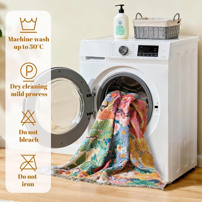 MSGKV Boho Throw Blanket for Bed 60"x80" Cotton Couch Blankets Floral Twin Size Spring Breathable Farmhouse Blankets All Seasons Lightweight Muslin