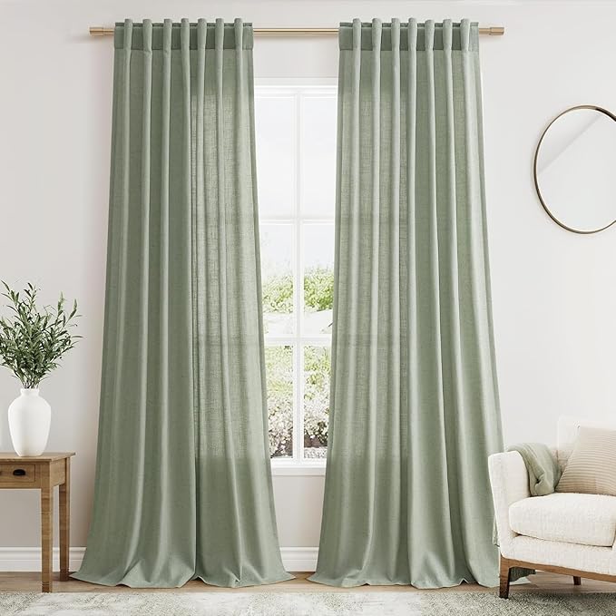 Desert Sage Linen Curtains for Living Room 98 Inches Long Light Filtering Semi Sheer Curtain Back Tab Rustic Farmhouse Decor Elegant Luxury Boho Drapes for Bedroom Dinner Room 52x98, 2 Panels