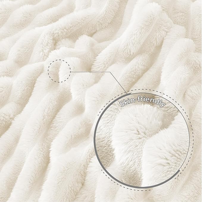 Exclusivo Mezcla Twin Size Flannel Fleece Blanket, Super Soft Striped Jacquard Bed Blanket, Lightweight Fuzzy Cozy for All Seasons, 60x80 Inches, Ivory