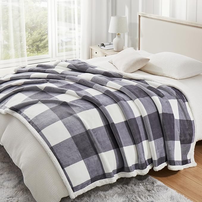PU MEI Sherpa Blanket Fleece Throw Blanket Full Queen Plaid Thick Bed Blanket, Soft Warm Cozy Grey Checkered Throw Blanket 80"*90"