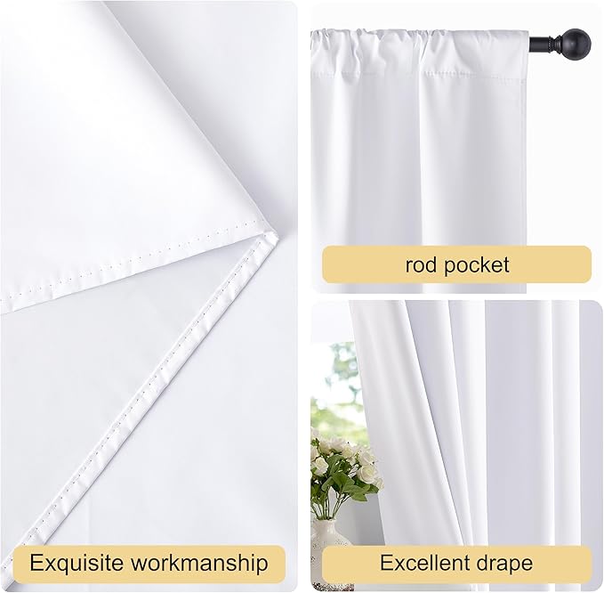 NICETOWN Bedroom 100% Blackout Curtains, 2 Panels, 42 by 72, Snow White, Window Treatment Rod Pocket Curtains/Drapes for Bedroom