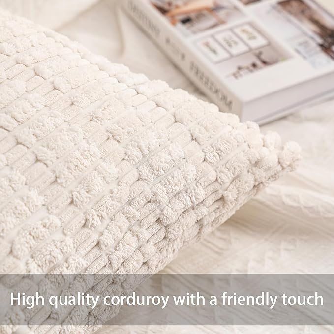 Pack of 2 Corduroy Decorative Throw Pillow Covers 12x20 InchSoft Boho Striped Pillow Covers Modern Farmhouse Home Decor for Sofa Living Room Couch Bed（Cream White）