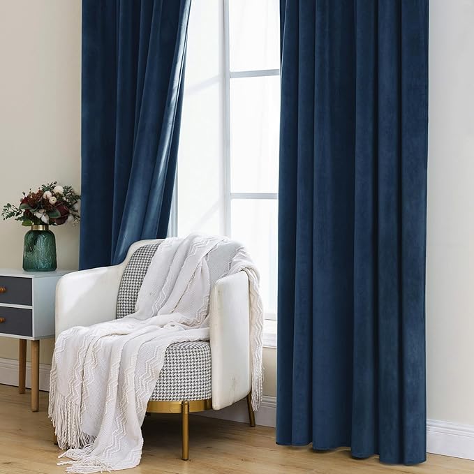 MIULEE Velvet Curtains 90 inches - Luxury Blackout Curtains for Bedroom Living Room Thermal Insulated Super Soft Window Drapes Rod Pocket & Back Tab, Navy Blue, W52 x L90 inches, 2 Panels